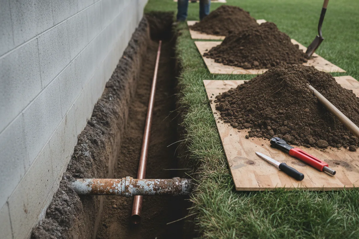Excavated water line trench during Sewer Line Repair in Jolon